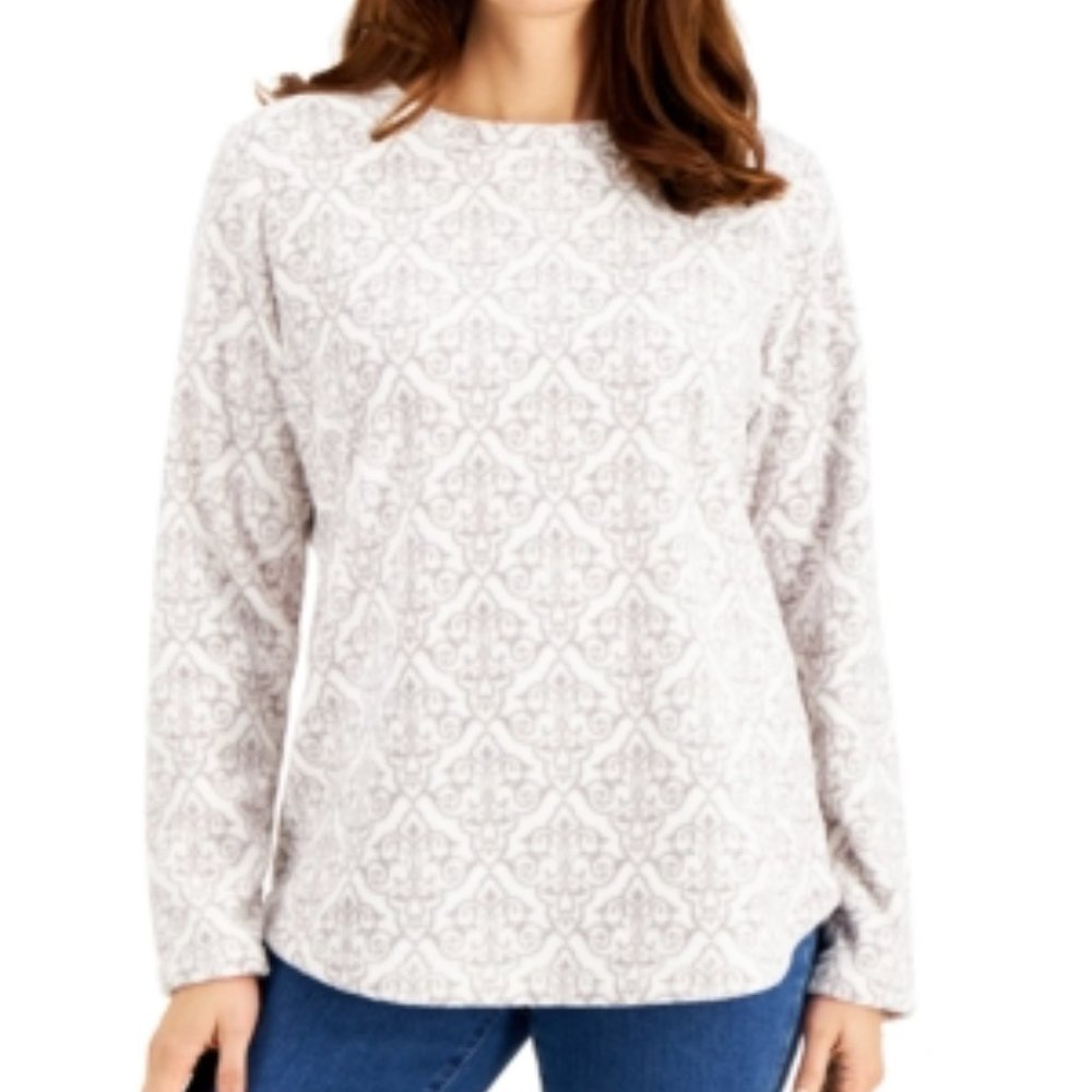 Karen Scott Sport Fleece Eggshell Long Sleeve Crewneck Women’s Sweater XS NWT